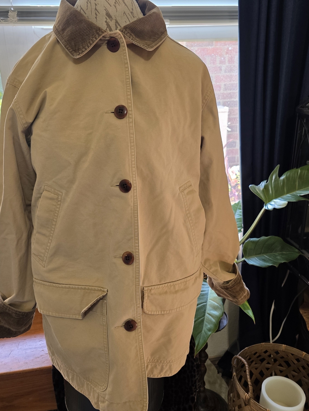 L.L. Bean Vintage 90s Khaki Utility Barn Chore Jacket with Brown Corduroy Collar - Picture 2 of 11